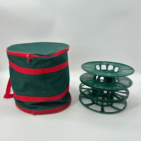 Set Of Red Wrapping Paper Organizer & Green Christmas Lights Reel Storage W/ Bag - Picture 2 of 7